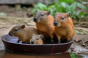 closeup adorable babies Capybaras on the ground in the zoo closeup. The most big rodent in the world. Capybaras family. Capybara (Hydrochaeris hydrochaeris)