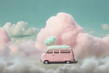 a pink van hovering in the sky surrounded by clouds