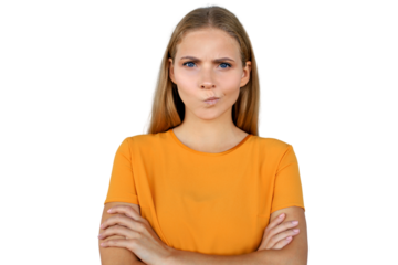 Portrait of a beautiful confused young blonde woman standing isolated on a transparent background