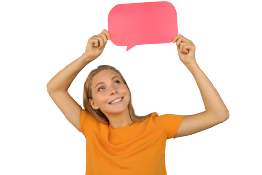 Happy beautiful young blonde woman standing isolated on a transparent background, holding empty speech bubble