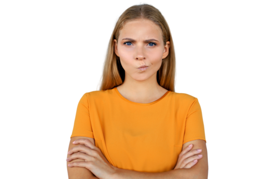 Portrait of a beautiful confused young blonde woman standing isolated on a transparent background