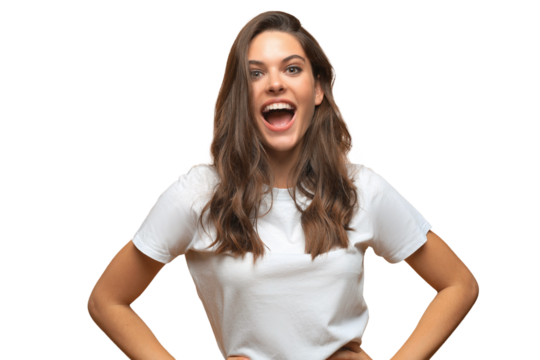 Portrait of young beautiful cheerful girl smiling looking at camera on a transparent background