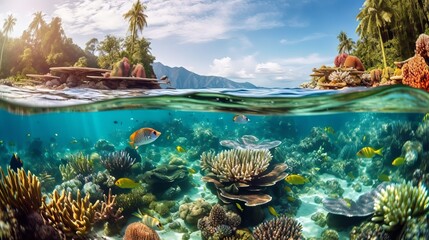 Fototapeta na wymiar Exploring the Vibrant Reef, Sunlit Waters, and Thriving Marine Life in the Enchanting Underwater Paradise
