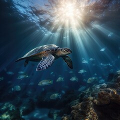 Naklejka na ściany i meble Illustration of a sea turtle swimming amidst a school of fish in the ocean, Generative AI