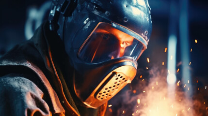 Closeup of a Man Welding in Protective Gear. Illustrates Metallurgy, Engineering, Construction, and Fabrication Work. With Licensed Generative AI Technology Assistance.