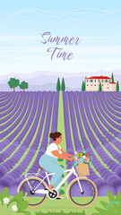 Chubby Attractive Woman riding bike on Lavender field landscape. Vector illustration in flat style
