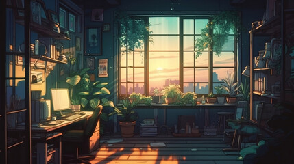 Lofi empty interior. Messy desk, window view of a forest, jungle. Anime, manga style. Colorful study lo-fi desk. Cozy chill vibe. Generative ai.