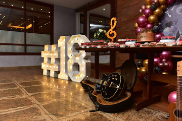 guitar and musical instruments, themed birthday party, music theme, cake table and sweets, ballroom...