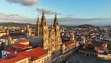 Aerial view of famous Cathedral of Santiago de Compostela. Travel destination in north of Spain Way of St James. Spain - obrazy, fototapety, plakaty