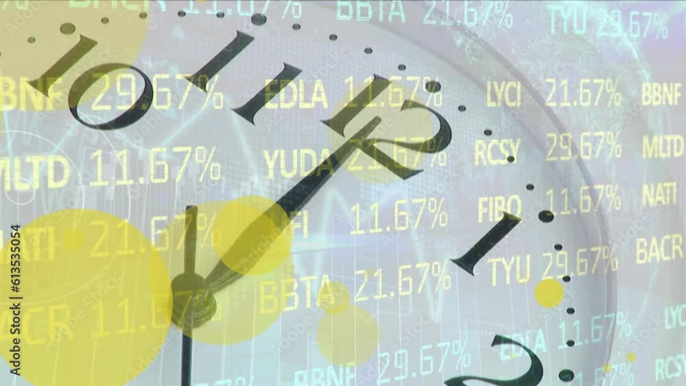 Poster Animation of stock maket data processing against close up of a ticking clock