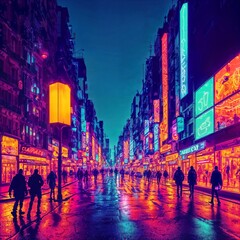 crowd of people in neon city world at night, generative AI