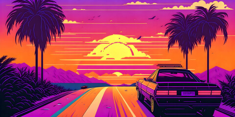 Summer vibes gradient 80s style illustration for summertime. generative AI