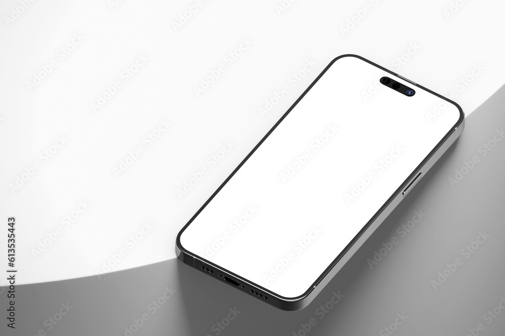 Poster mobile smartphone 14 gadget device with blank empty display screen realistic mockup on curvy edge mo
