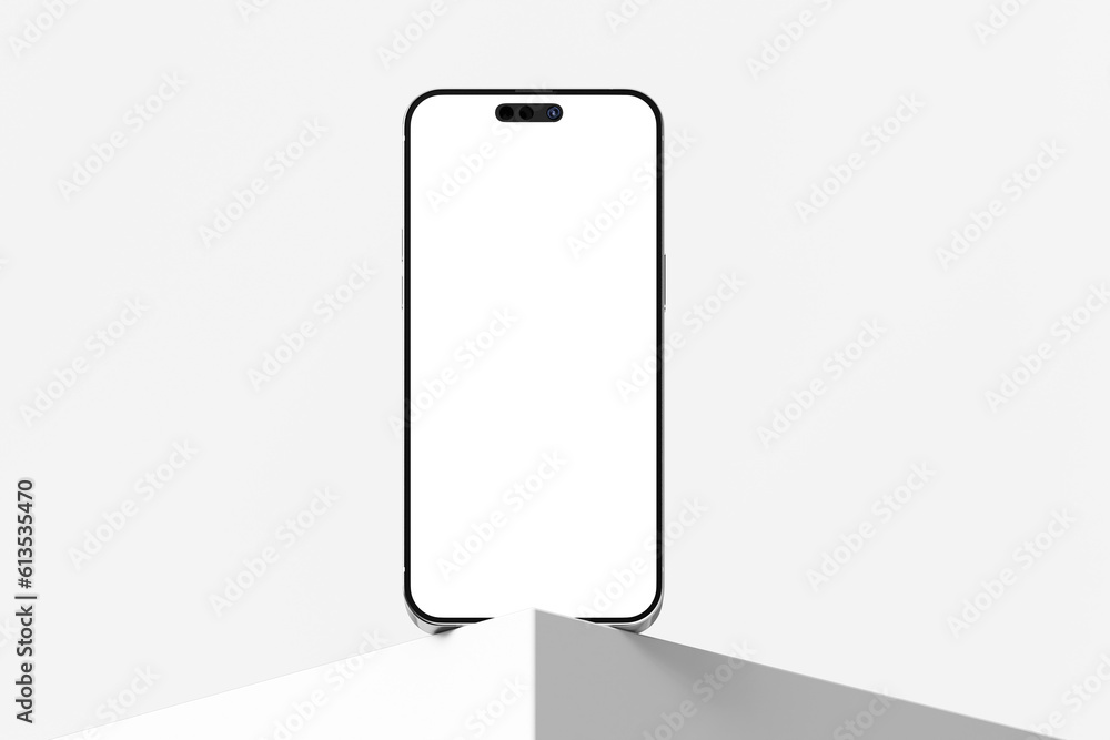Poster realistic mobile smartphone pro max gadget device with blank empty display screen mockup on box podi
