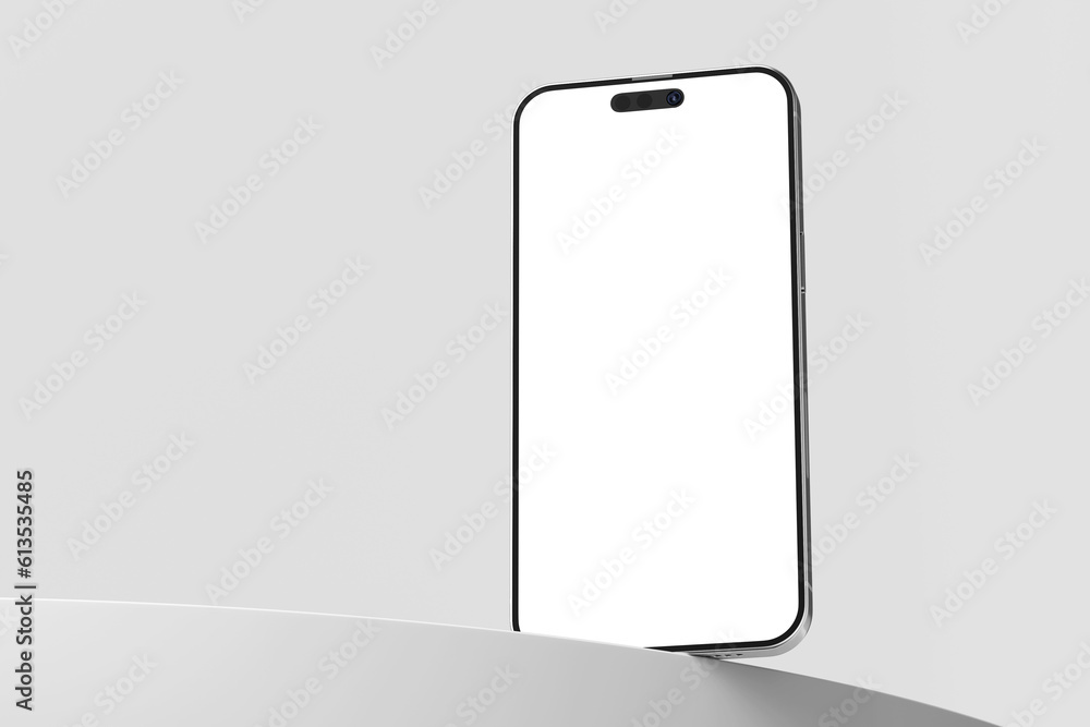 Poster mobile smartphone 14 pro gadget device with blank empty display screen mockup on round podium realis