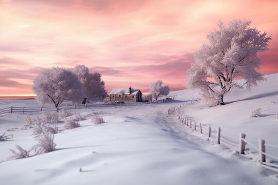 Dreamy minimal snowy winter landscape in pastel colors. Copy space. Illustration. Generative AI