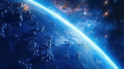 Obraz premium Blue planet and blue stars space 