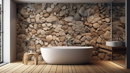Bathroom interior with rock wall mock up background, 3D render, Bright color. Generative Ai
