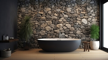 Bathroom interior with rock wall mock up background, 3D render, Bright color. Generative Ai