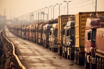 A huge queue of trucks loaded with grain crops in a blocked Ukrainian port. Humanitarian crisis due to the war.