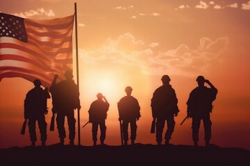 Silhouettes of soldiers with USA flag. Greeting card for Veterans Day, Memorial Day, Independence Day. USA celebration.