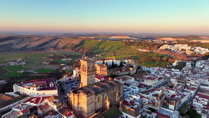 4k Aerial shot of Arcos de la Frontera, Andalucia at sunset, Spain. Famous pueblos blancos in Andalusia - 613536661