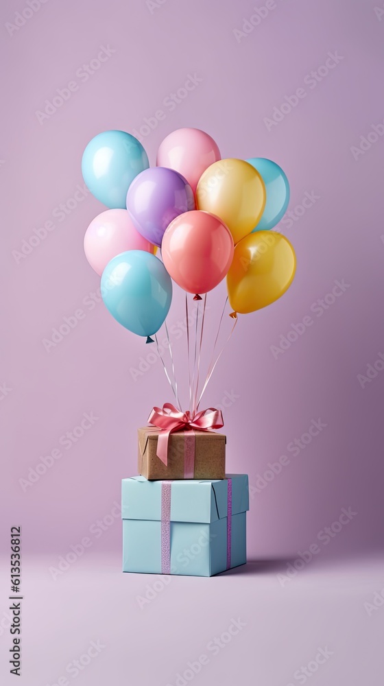 Poster various present boxes with bows and inflatable balloons birthday bright background copy space