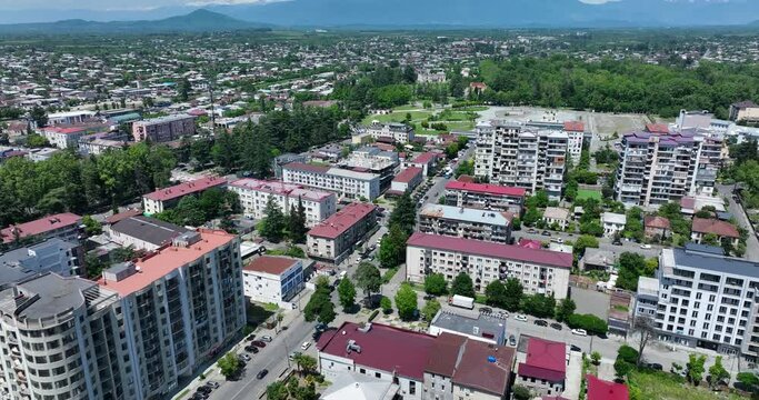 Flying over the center of Zugdidi city in Samegrelo. Georgia