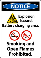 Notice Sign Explosion Hazard, Battery Charging Area, Smoking And Open Flames Prohibited