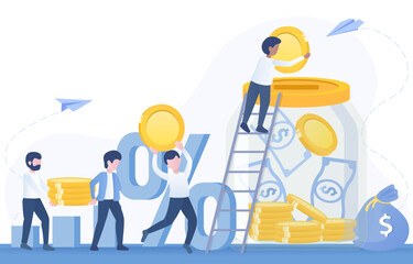 The concept of saving money, financial fund, bank deposit, investment income, accumulation. Man putting coin into piggy bank or bottle jar. Flat vector design illustration with copy space.