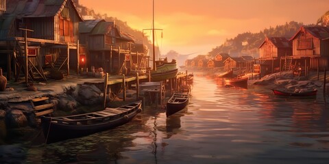 AI Generated. AI Generative. Old vintage retro harbor bay fishing village. Wooden houses at river with sail boat ships. Graphic Art