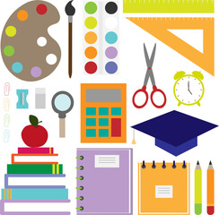Vector illustration of back to school stationery in cartoon style. Colourful school tools