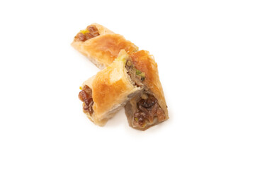 Delicious sweet baklava with walnuts isolated on white background.