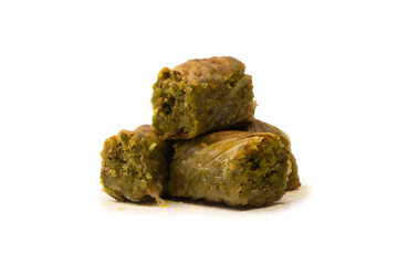 Turkish pistachio baklava isolated on white background.