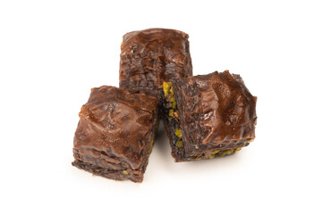 Turkish chocolate baklava isolated on white background.