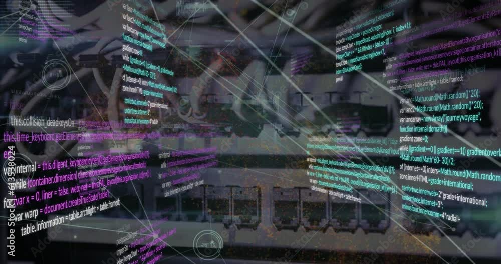 Poster animation of network of connections and data processing against close up of a computer server