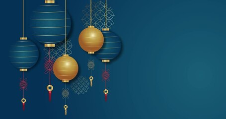 Asian lanterns animation on blue background, luxury realistic animation