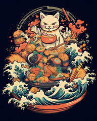 Japanese mythological creatures with a humorous twist for t-shirt design, background or flyer
