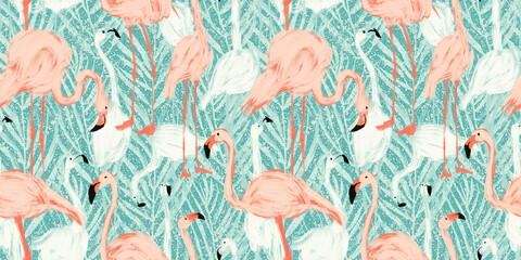 Seamless hand painted pink flamingos and abstract tropical palm leaf foliage repeat pattern. Artistic exotic jungle paradise vacation vibes mural wallpaper. Calming whimsical birds nature background.