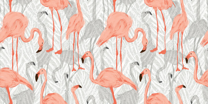 Seamless hand painted pink flamingos and abstract tropical palm leaf foliage repeat pattern. Artistic exotic jungle paradise vacation vibes mural wallpaper. Calming whimsical birds nature background.