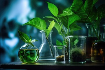 Many green plants in test tubes. Generative AI
