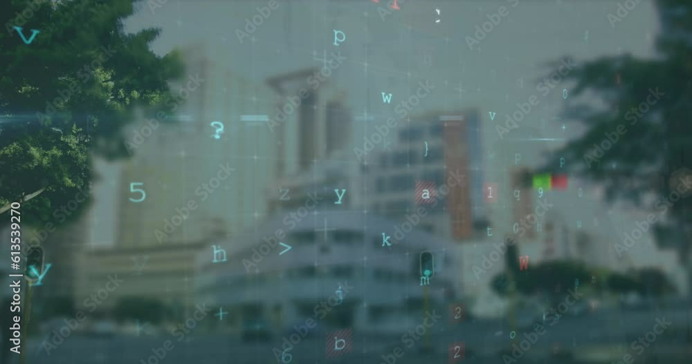 Poster animation of cyber security data processing against time-lapse of city traffic