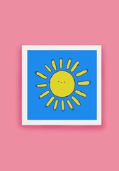 Poster of a cute sun on a blue sky background. Color illustration.