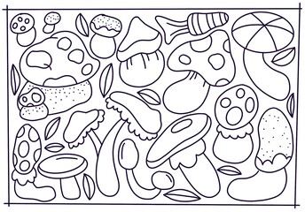 Mushrooms Coloring book for children and adults. Black and white illustration.