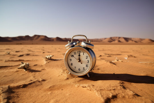 an alarm clock in the desert shows shortly before twelve