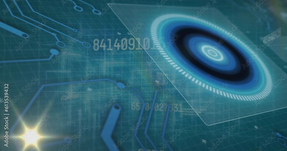 Poster animation of changing numbers and light spot against round scanner and microprocessor connections