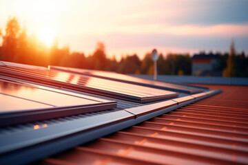 Roof full of solar panels, climate change and alternative energy concept