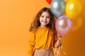 Happy birthday girl smiling with inflatable balloons on orange background