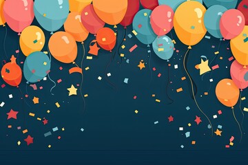 multicolored joyful birthday party background with copy space, balloons and vibrant confetti