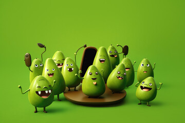 group of smilling avocados with smartphones on green background. generative AI